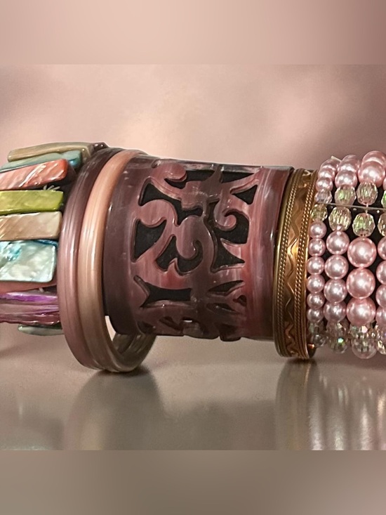 Signature Faith Other - Vintage Boho Eclectic Bracelet Stack Mother of Pearl Resin Cuff Faux